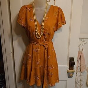 Row A Floral Mustard  Dress w/Flounced Hemline and Sleeves